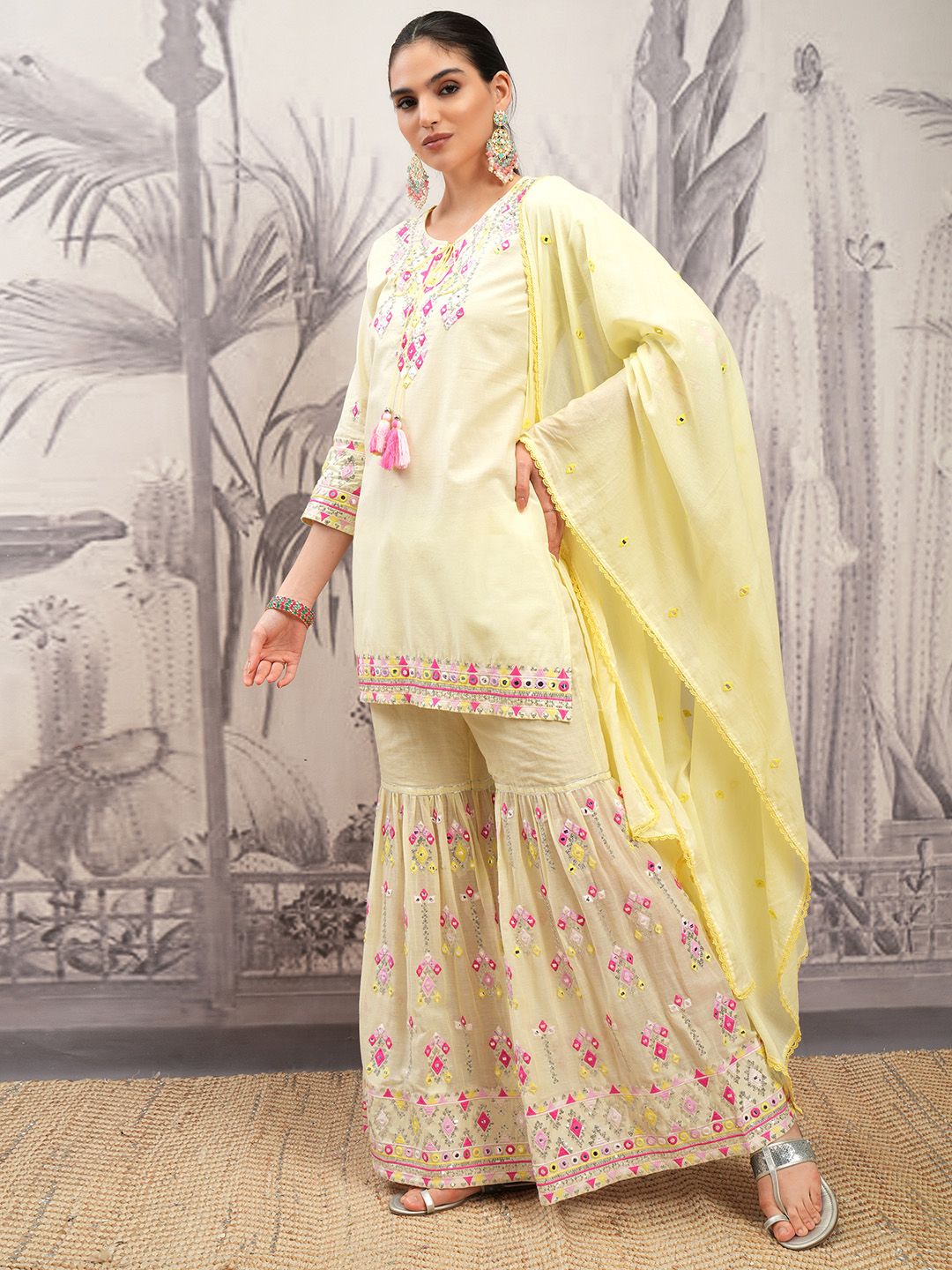Vishudh Yellow Tie-Up Neck Ethnic Motifs Printed Pure Cotton Straight Kurti Set