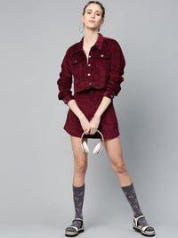 SASSAFRAS Burgundy Self-Striped Corduroy A-Line Mini Pure Cotton Skirt