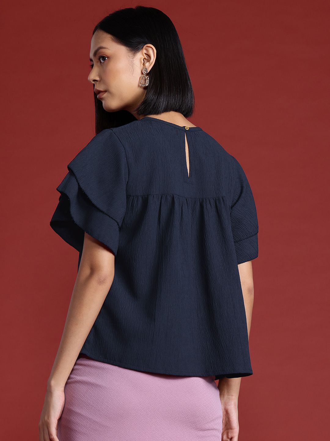all about you Flutter Sleeve Ruffles Indigo Top