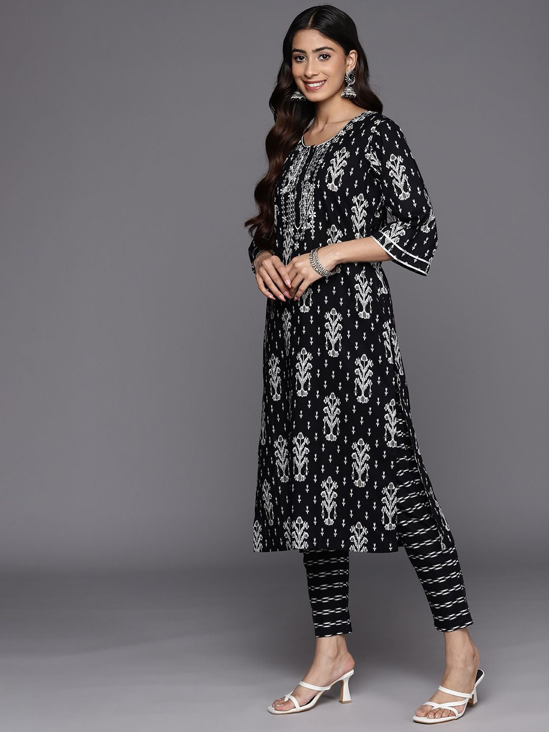 Libas Floral Printed Regular Mirror Work Pure Cotton Kurta With Trousers & Dupatta