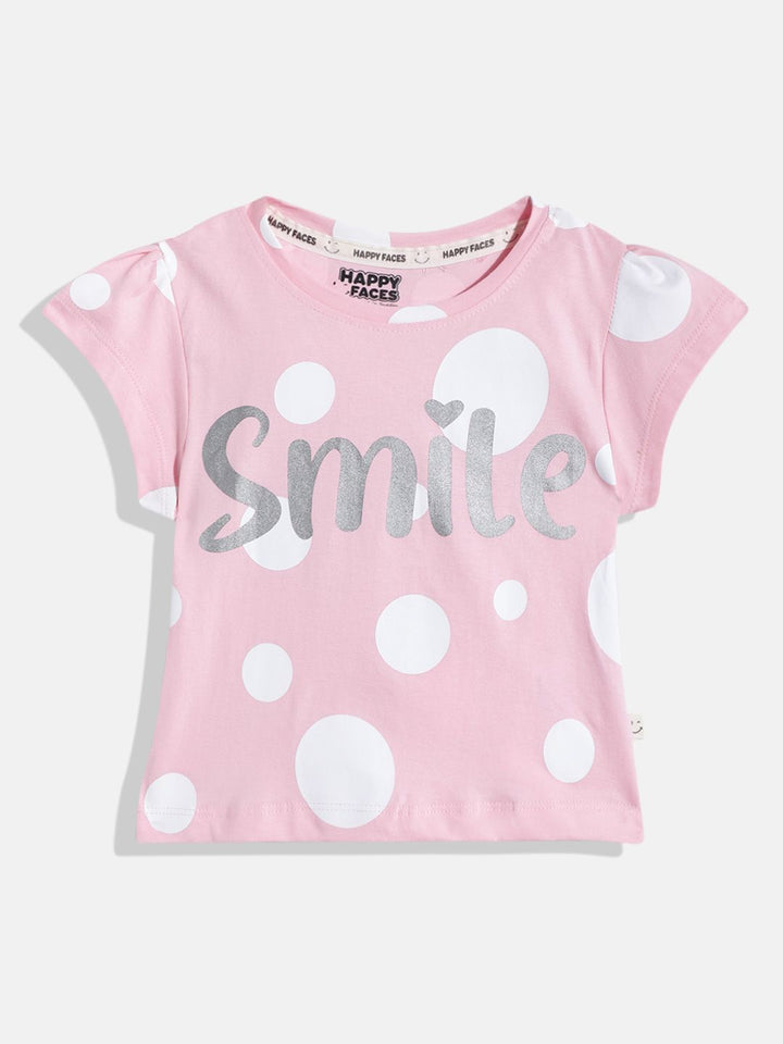 Happy Faces Girls Polka Dots & Typography Printed Pure Cotton T-shirt