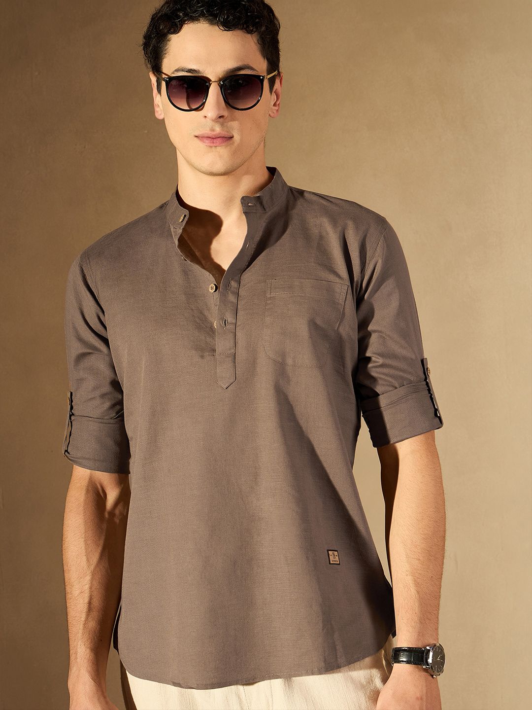 DENNISON Men Brown Solid Straight Pure Cotton Short Kurta