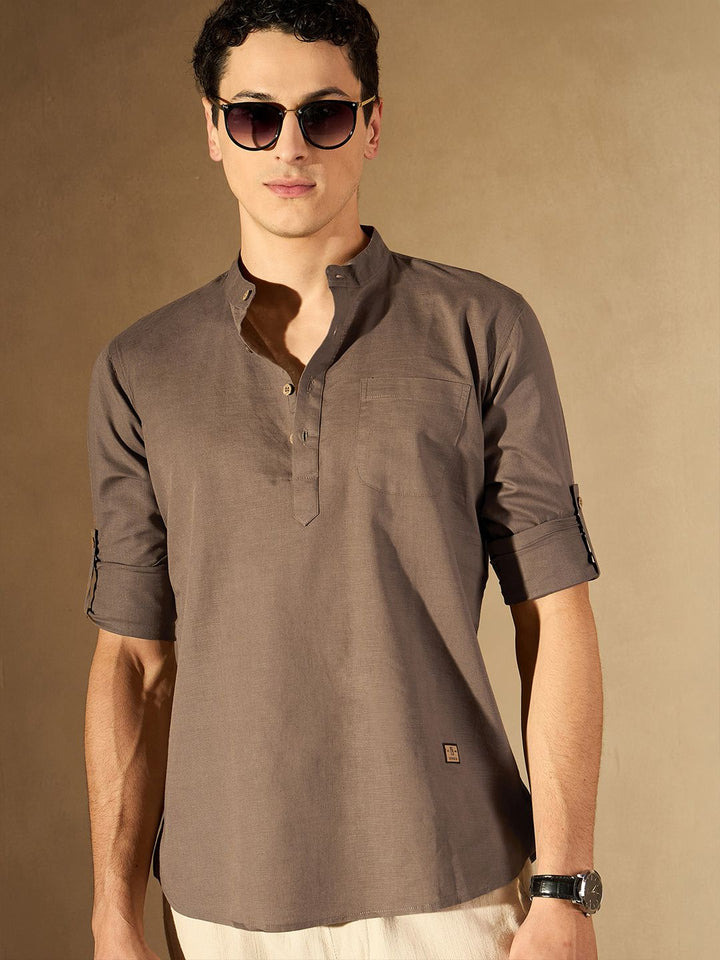 DENNISON Men Brown Solid Straight Pure Cotton Short Kurta
