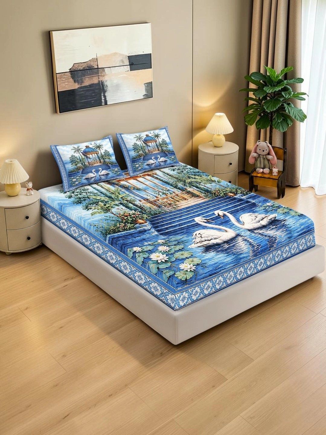 KLOTTHE Blue & White Floral Printed 400 TC King Bedsheet with 2 Pillow Covers