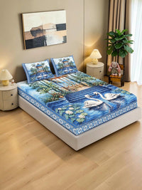 KLOTTHE Blue & White Floral Printed 400 TC King Bedsheet with 2 Pillow Covers