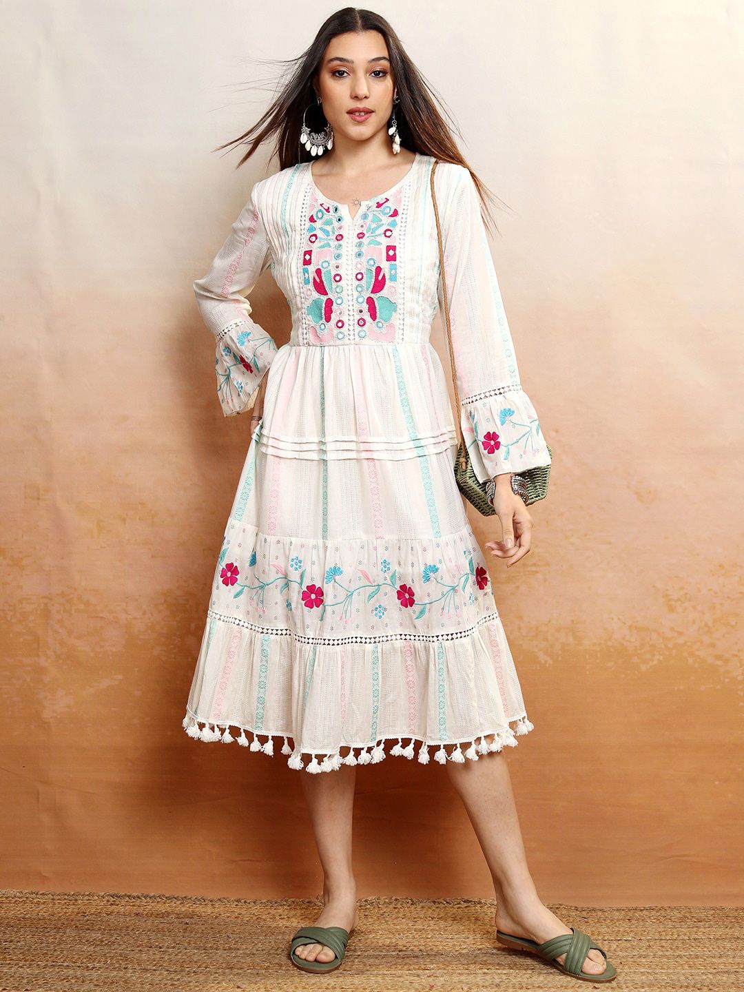 Vishudh White & Pink Floral Embroidered Cotton Fit & Flare Midi Dress