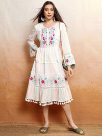 Vishudh White & Pink Floral Embroidered Cotton Fit & Flare Midi Dress