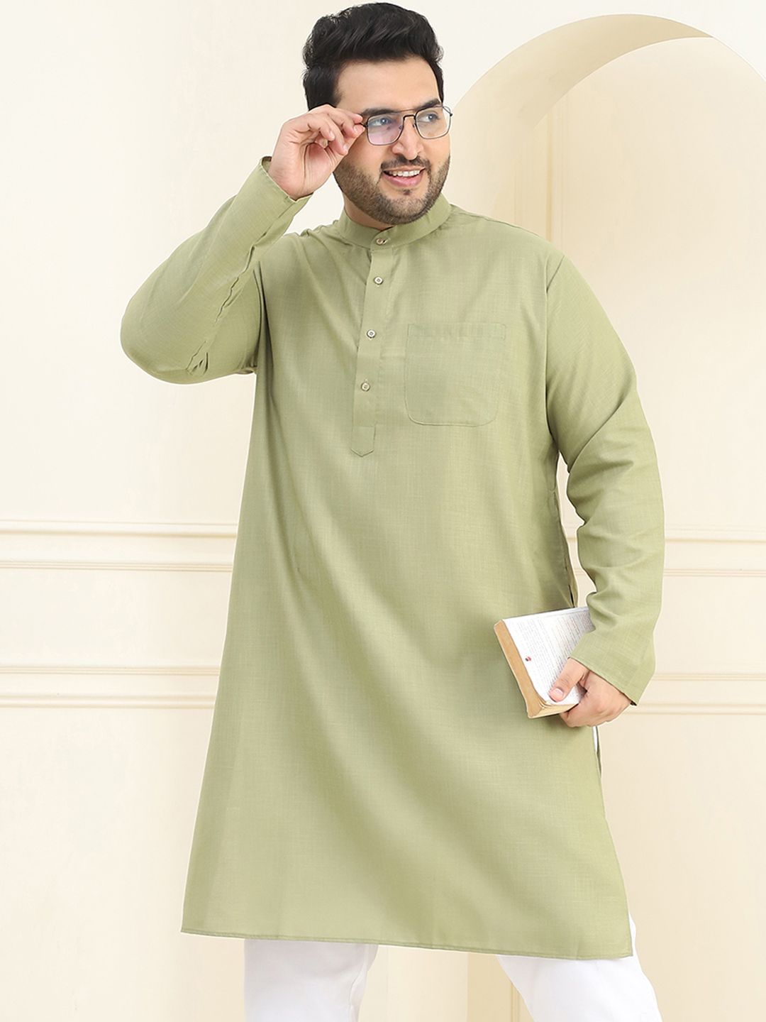SOJANYA PLUS Men Plus Size Green Solid Straight Kurta