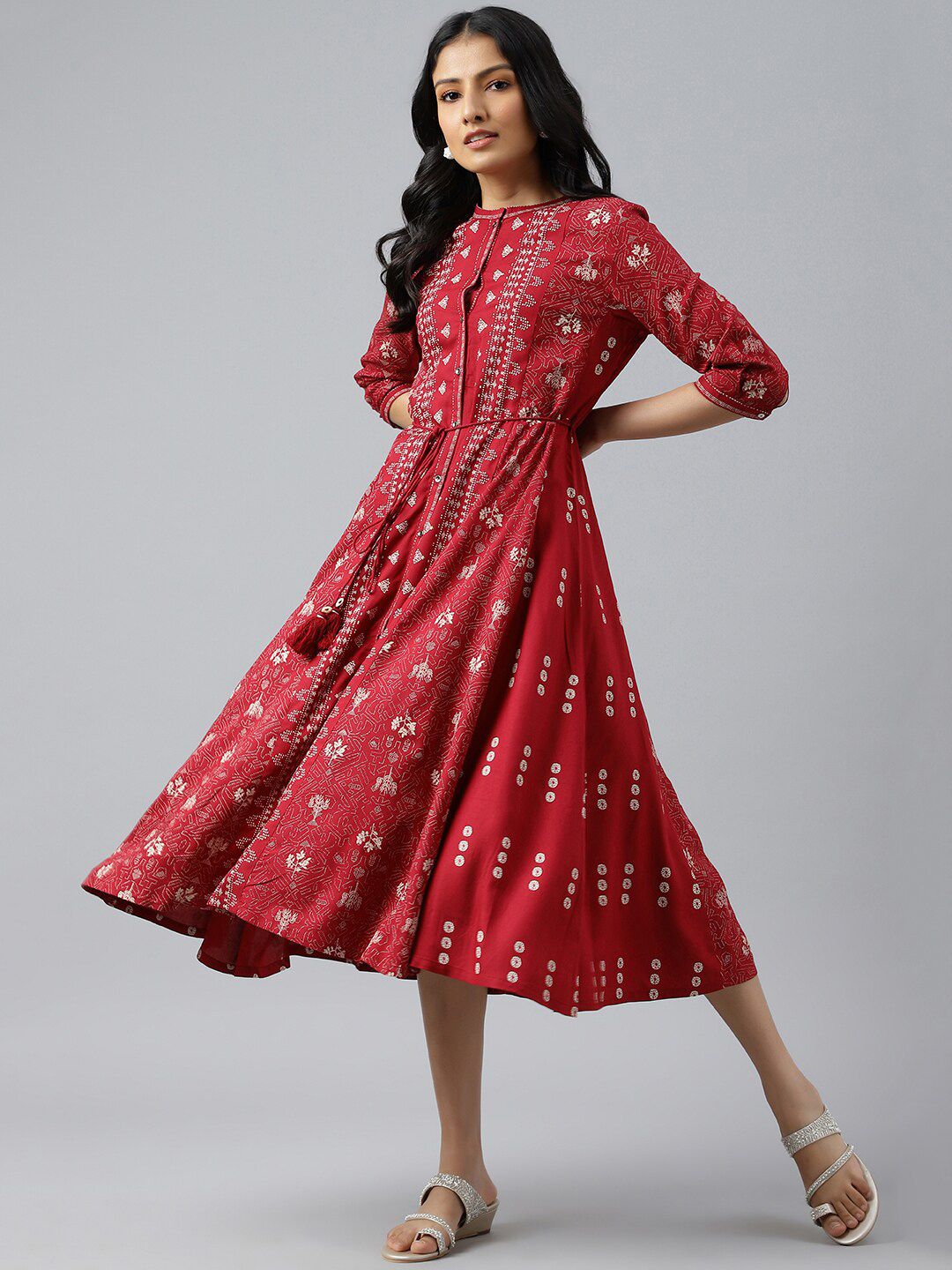 W Women Red Floral Printed A-Line Midi Dress