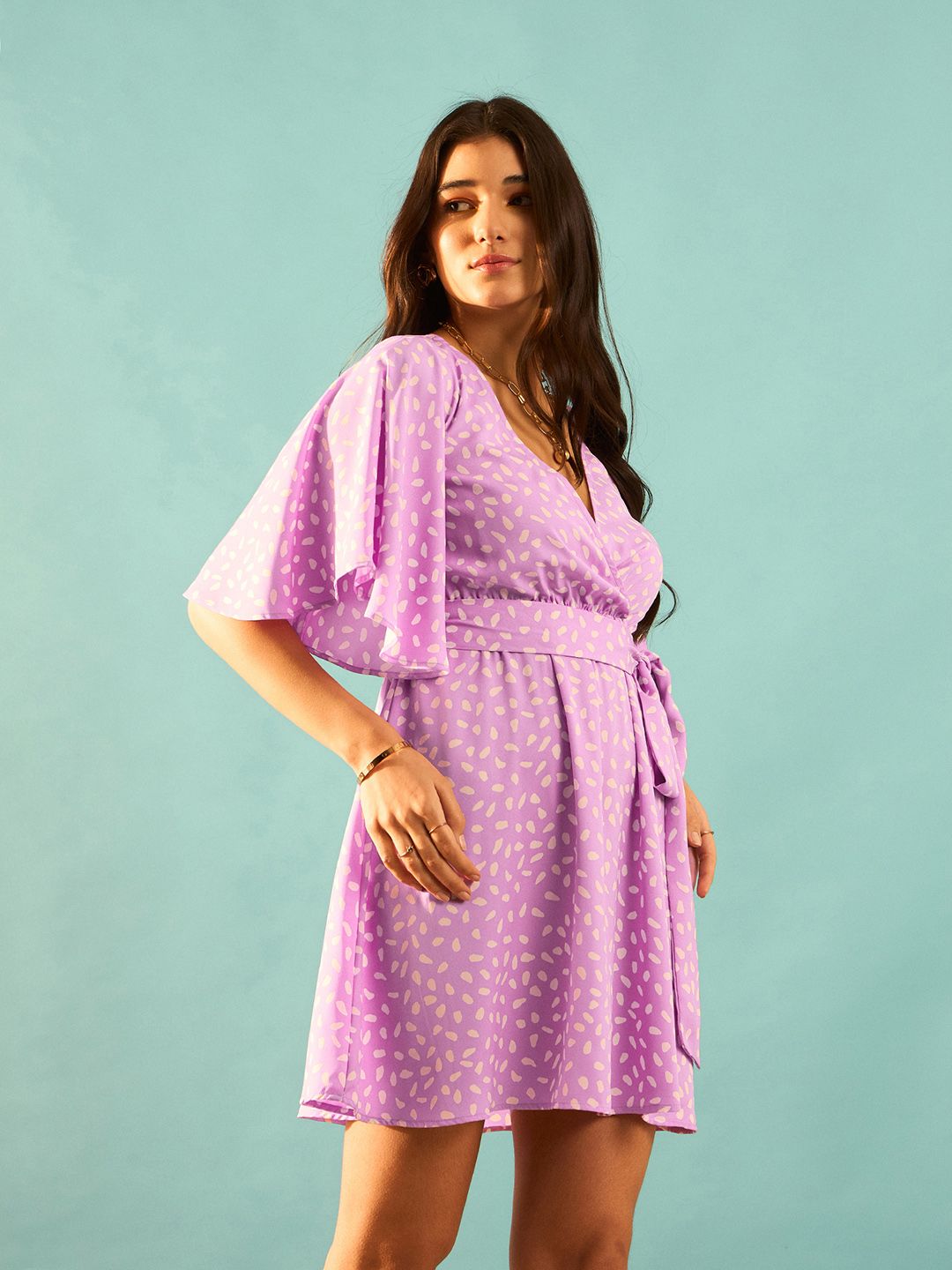 Berrylush Purple Printed Flutter Sleeve Wrap Mini Dress