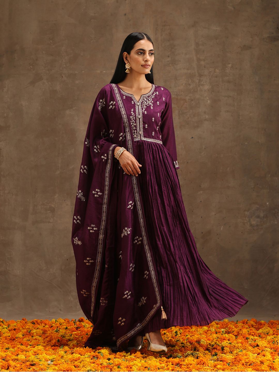 Libas Floral Embroidered Empire Sequinned Kurta With Trousers & Dupatta