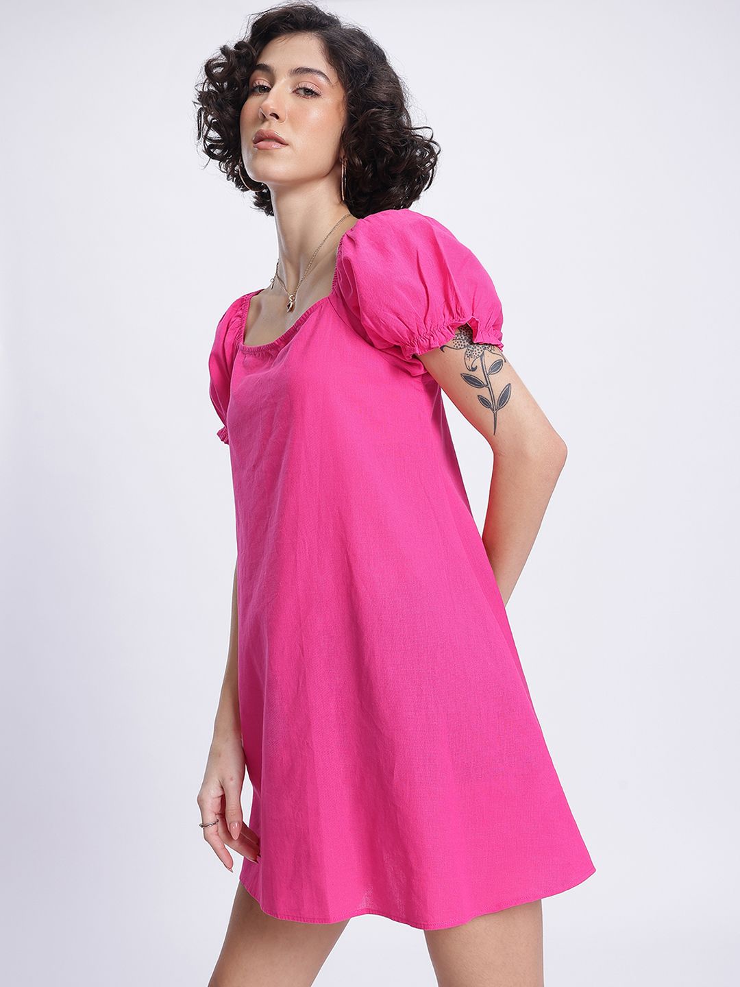 DressBerry Barbiecore Puff Sleeve Tie-Up Back A-Line Mini Dress