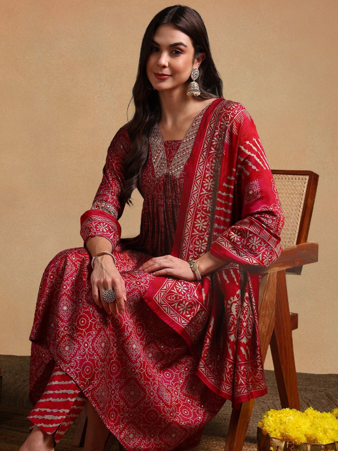 KALINI Ethnic Motifs Printed Zari Empire Anarkali Kurta with Trousers & With Dupatta