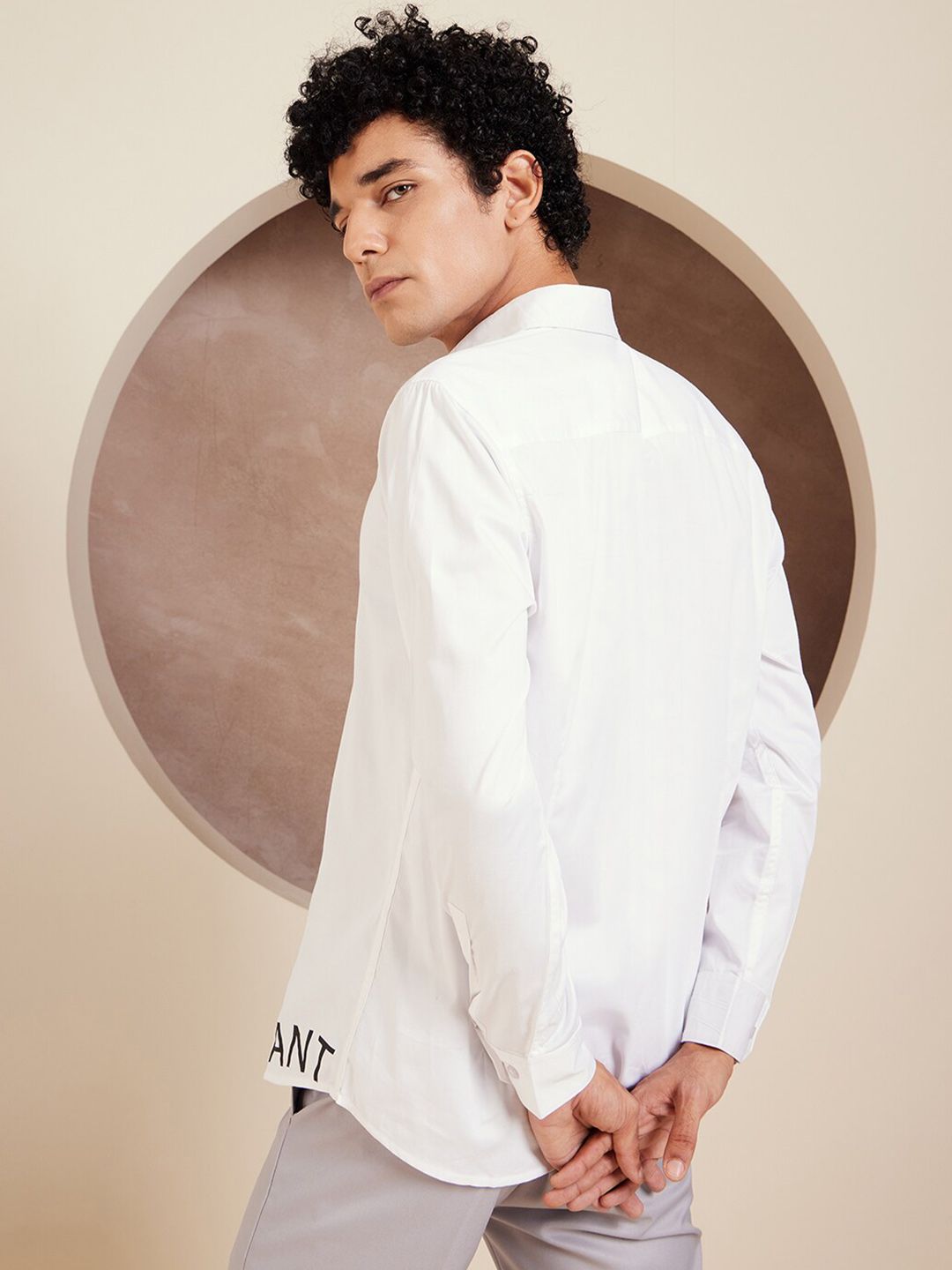 DENNISON Smart Typography Printed Spread Collar Long Sleeve Cotton Shirt