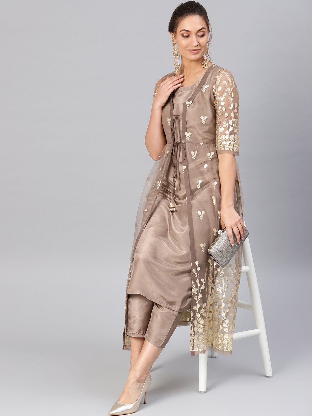 Libas Women Brown & Golden Self design Kurta with Trousers