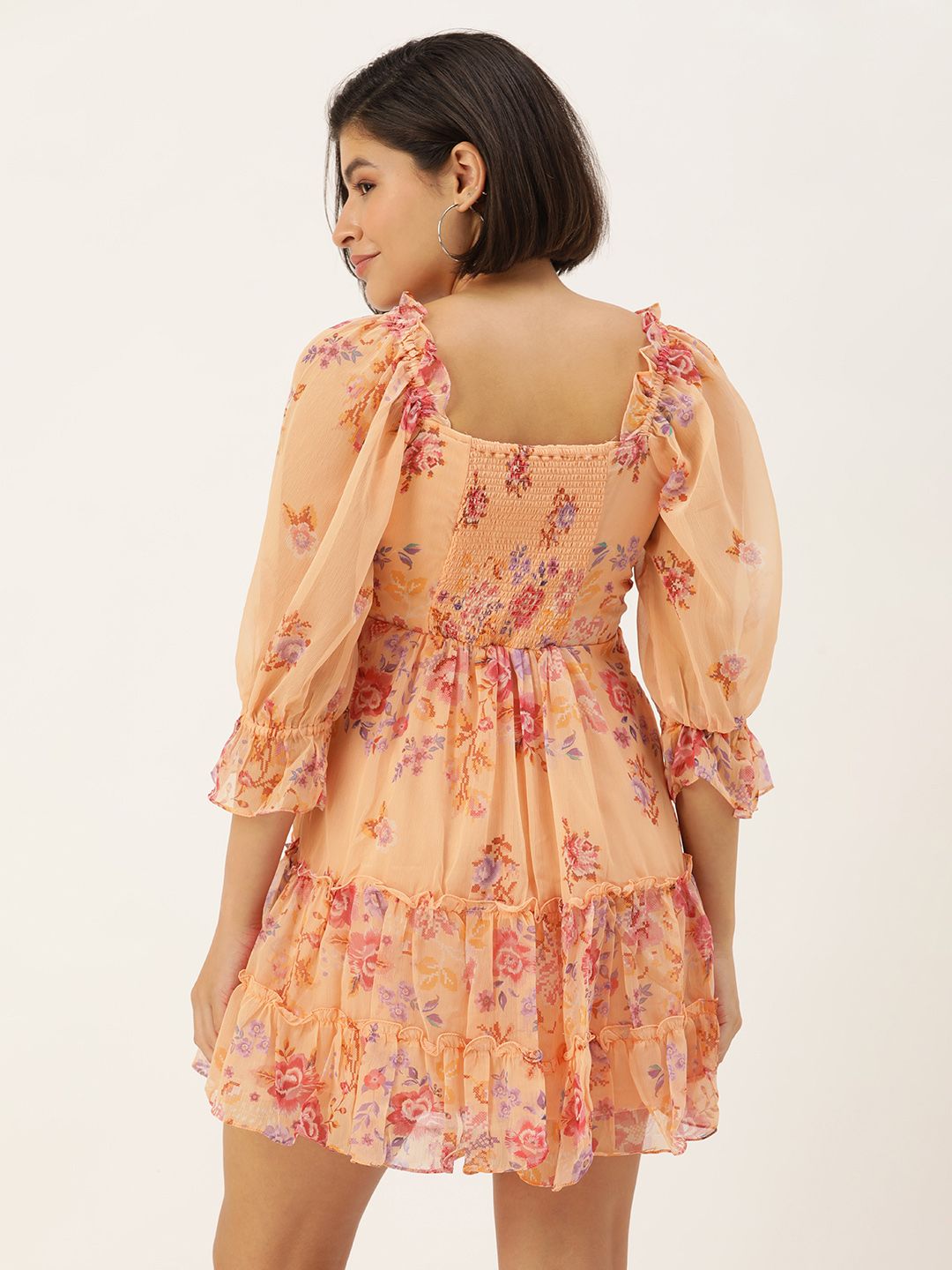 AND Floral Print Puff Sleeve A-Line Mini Dress