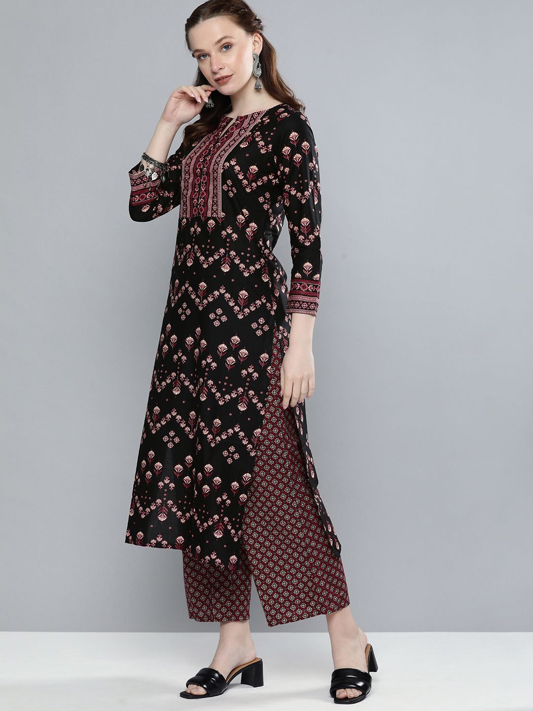 Vishudh Women Black & Red Printed Kurta with Palazzos & Dupatta
