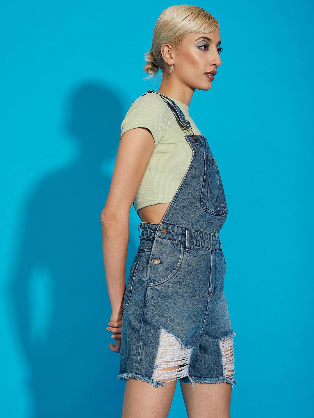 SASSAFRAS Women Blue Casual Denim Distressed Dungaree