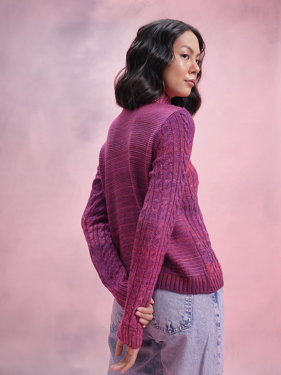 DressBerry Turtle Neck Cable Knit Design Acrylic Pullover