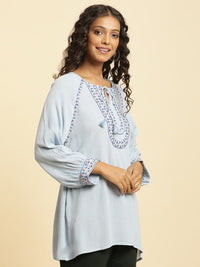 W Blue & Pink Tie-Up Neck Raglan Sleeves Embroidered Top