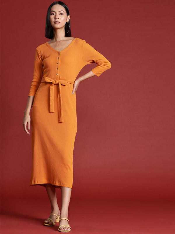 all about you Pure Cotton Ribbed Midi Dress with Belt