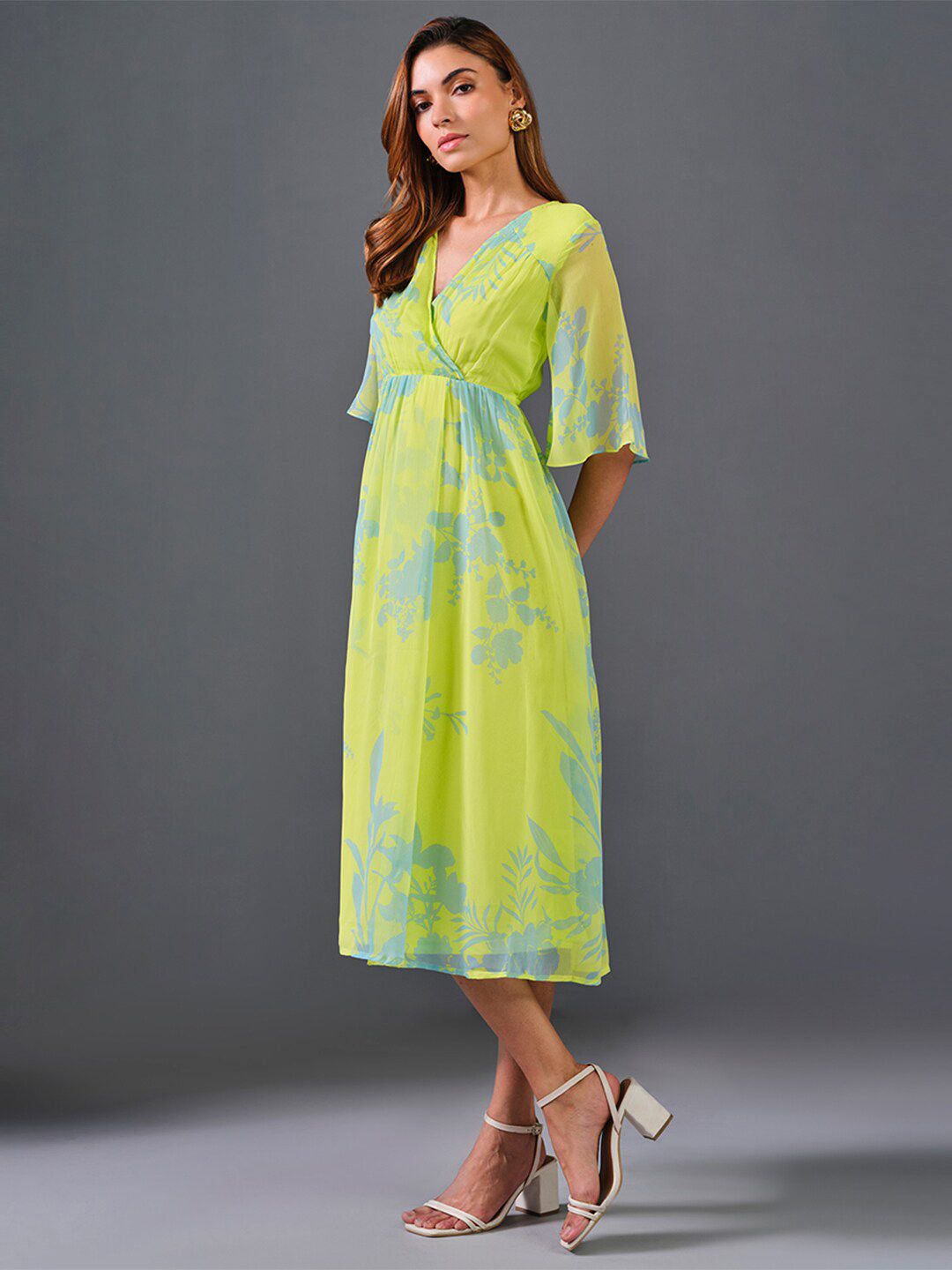 AND Floral Printed V-Neck Flared Sleeve Empire Midi Dress
