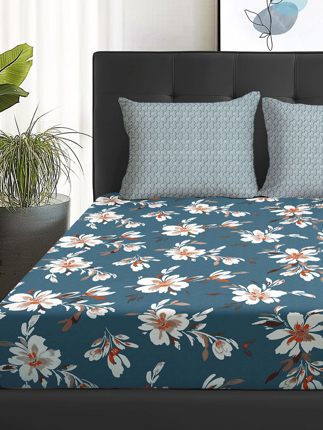 Story@home Teal Blue & Grey Floral 180 TC Queen Bedsheet With 2 Pillow Covers