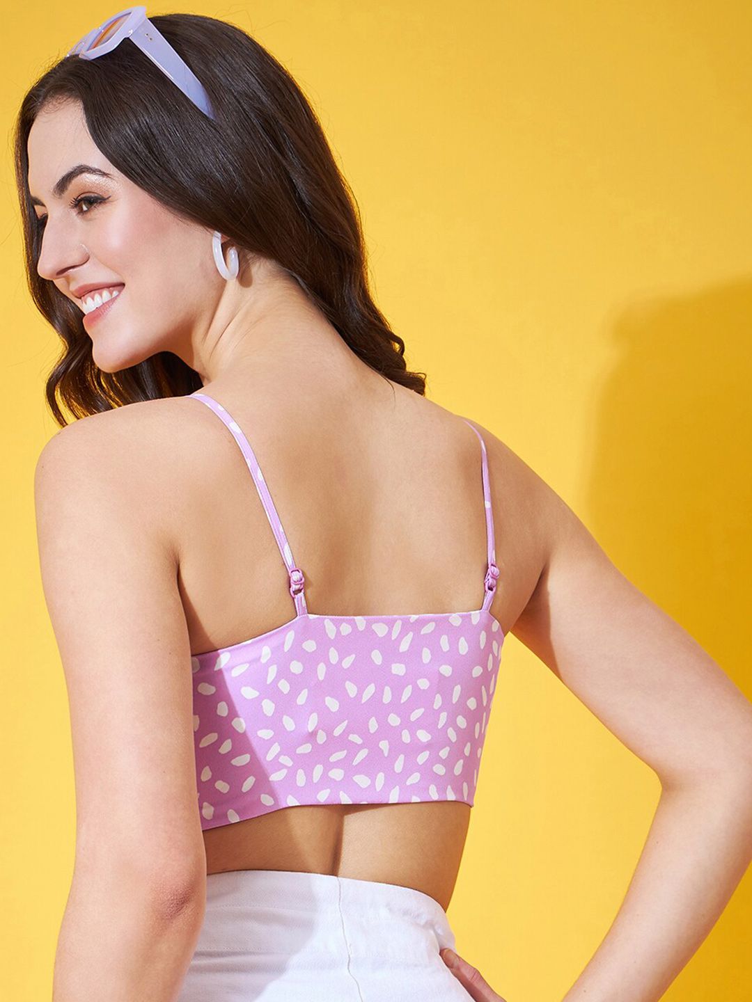Berrylush Lavender & White Abstract Printed Shoulder Straps Fitted Crop Top