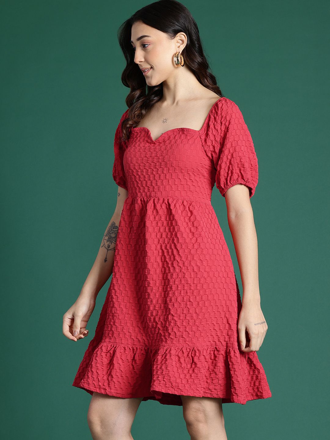 DressBerry Textured Sweetheart Neck  A-Line Dress