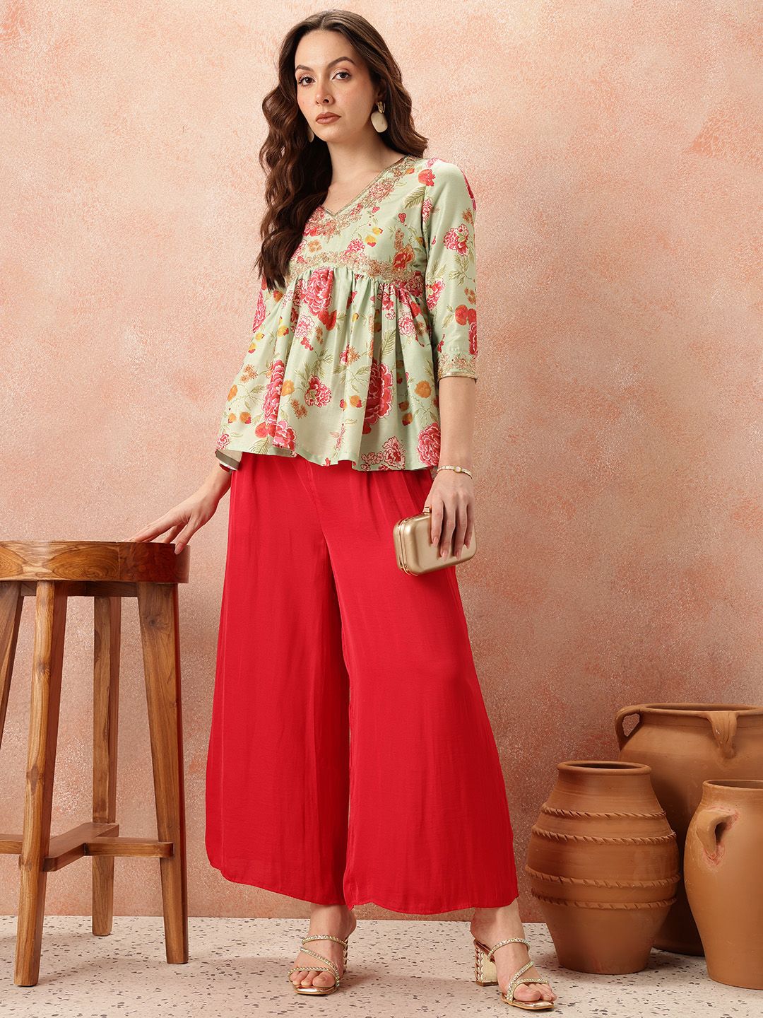 all about you Ethnic Motifs Printed Zari Work Pleated A-Line Kurti