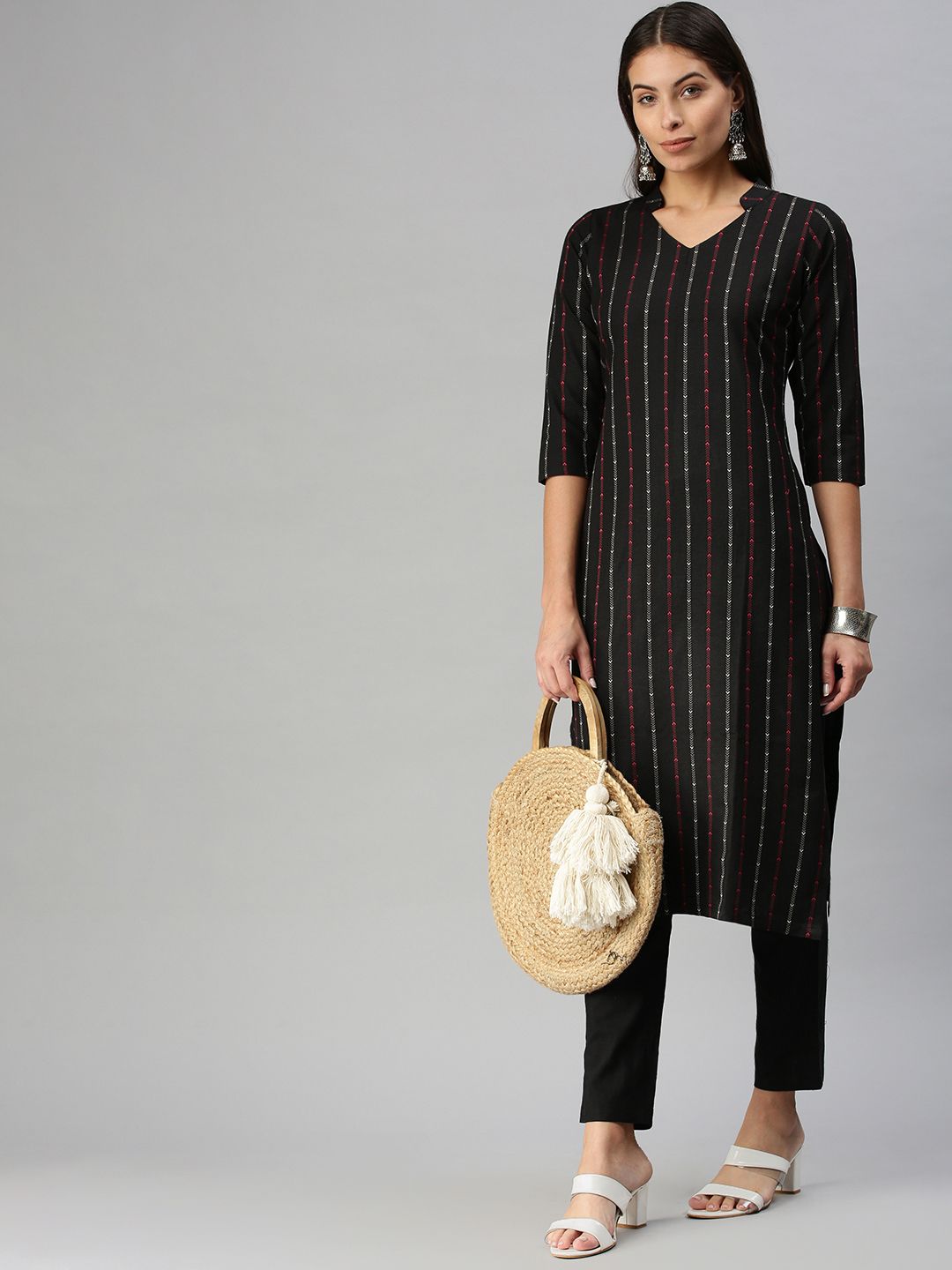 KALINI Women Black Pure Cotton Kurta with Trousers
