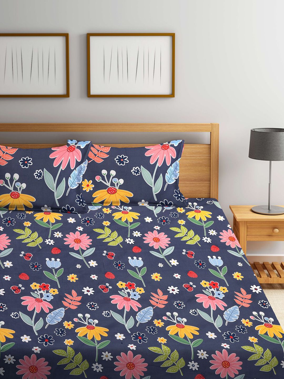 KLOTTHE Blue & Yellow Floral Printed 300 TC Double King Bedsheet With 2 Pillow Covers