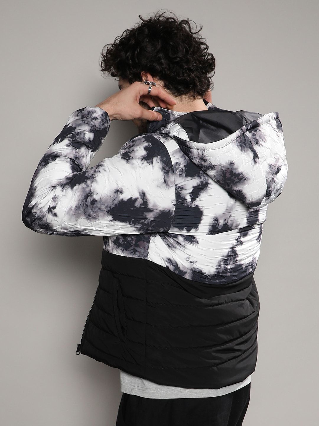 Campus Sutra Men Black Tie and Dye Hooded Windcheater Bomber Jacket