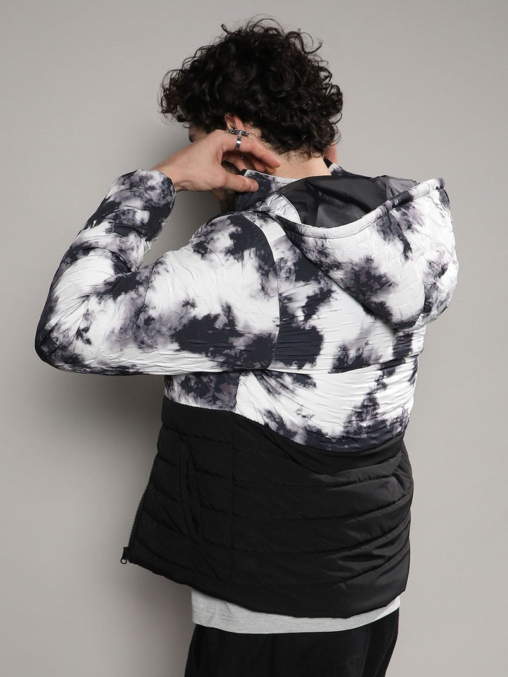Campus Sutra Men Black Tie and Dye Hooded Windcheater Bomber Jacket