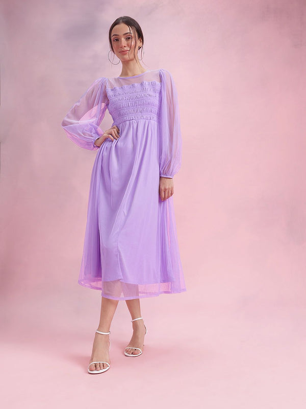 DressBerry Puff Sleeve Net Fit & Flare Midi Dress