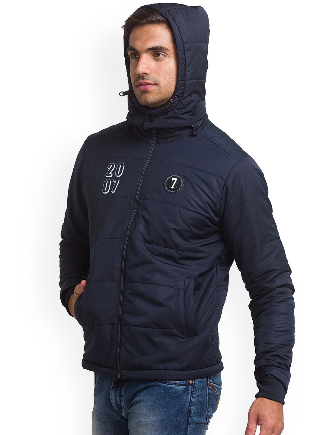 Being Human Men Navy Blue Sporty Jacket with Patchwork