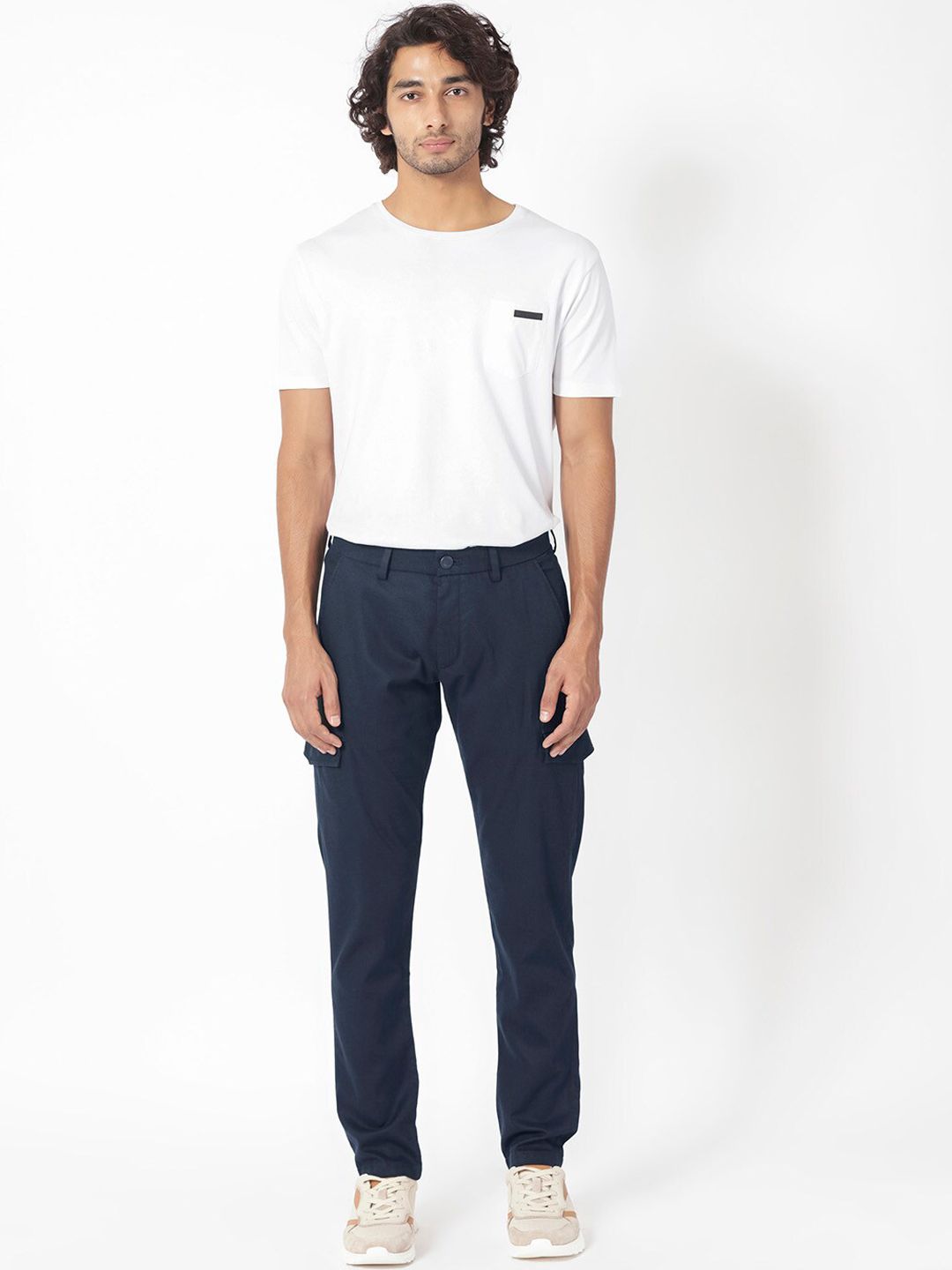 RARE RABBIT Men Curo Slim Fit Mid-Rise Plain Cotton Cargo Trouser