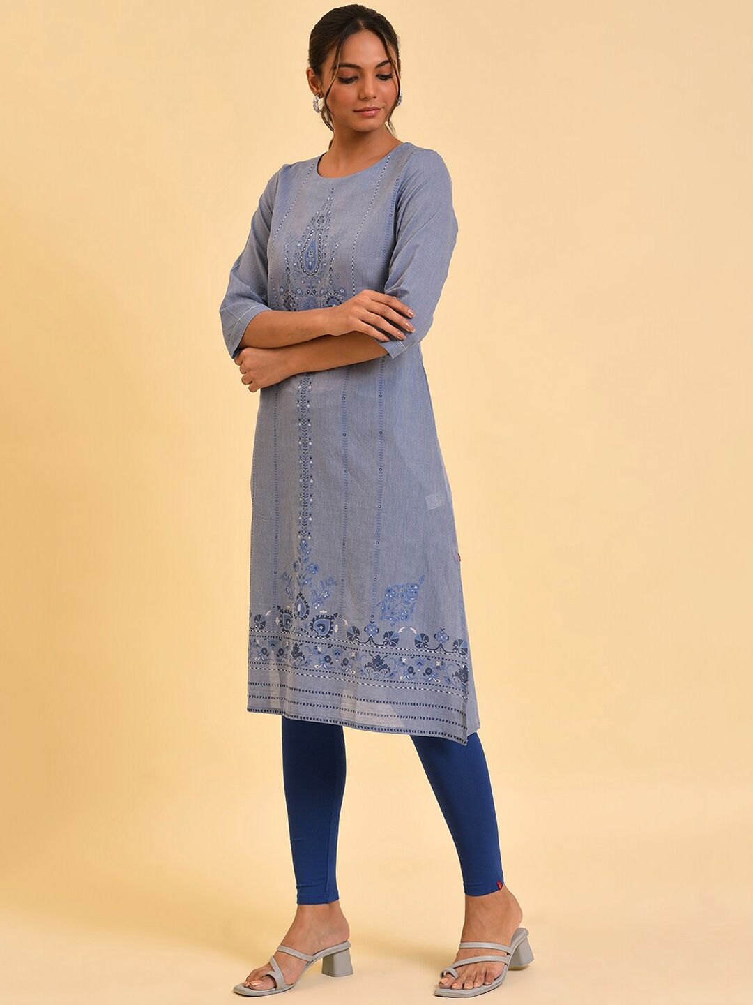 W Blue Ethnic Motifs Printed Pure Cotton Kurta