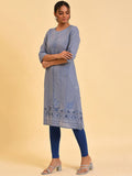 W Blue Ethnic Motifs Printed Pure Cotton Kurta