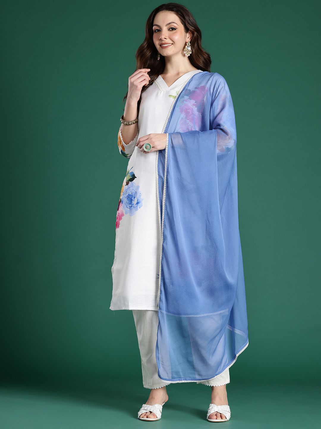 Indo Era Floral Printed Beads and Stones Linen Kurta with Trousers & With Dupatta