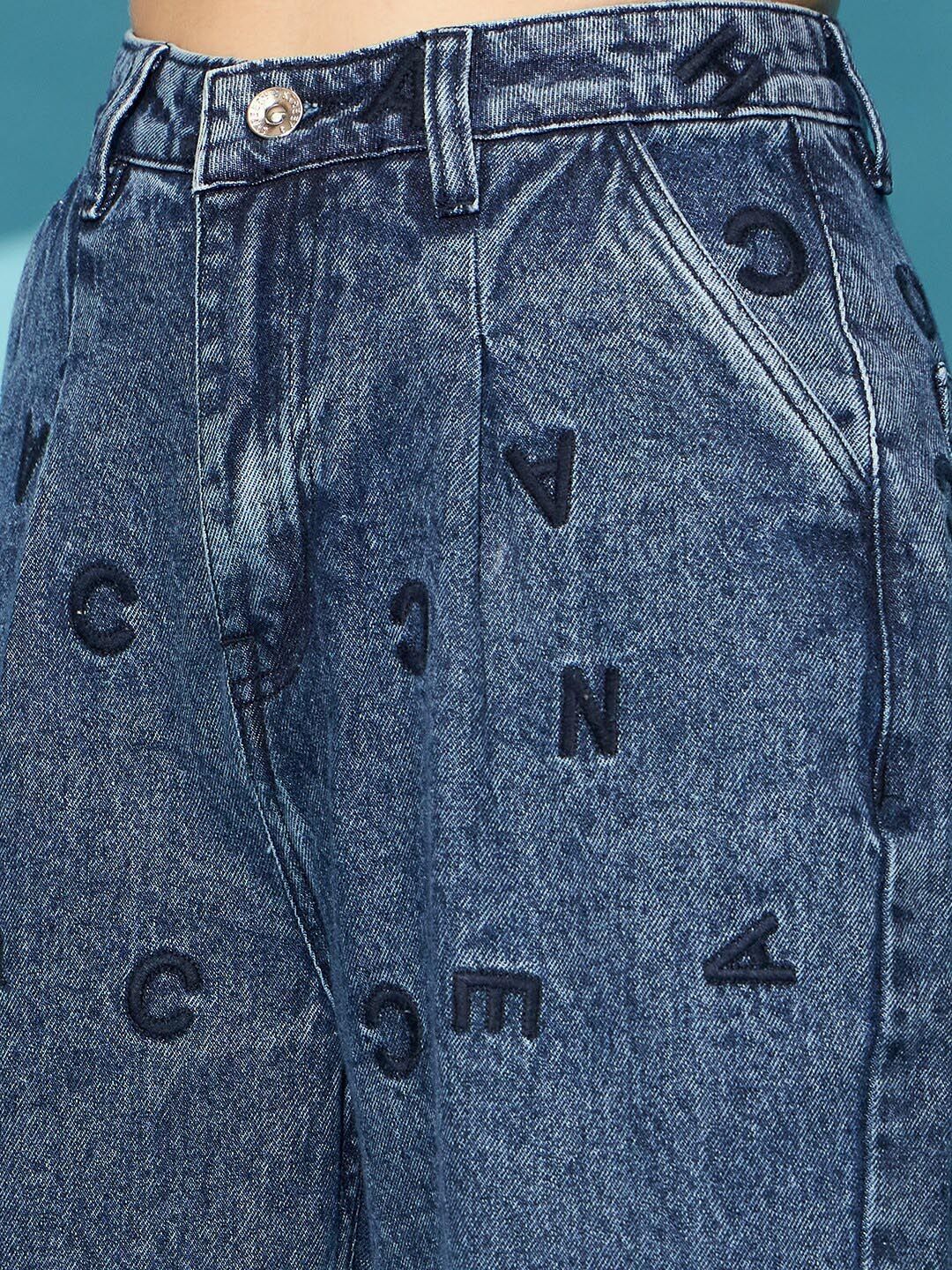 STREET 9 Women Blue Embroidered Clean Look Mom Fit High-Rise Pure Cotton Jeans