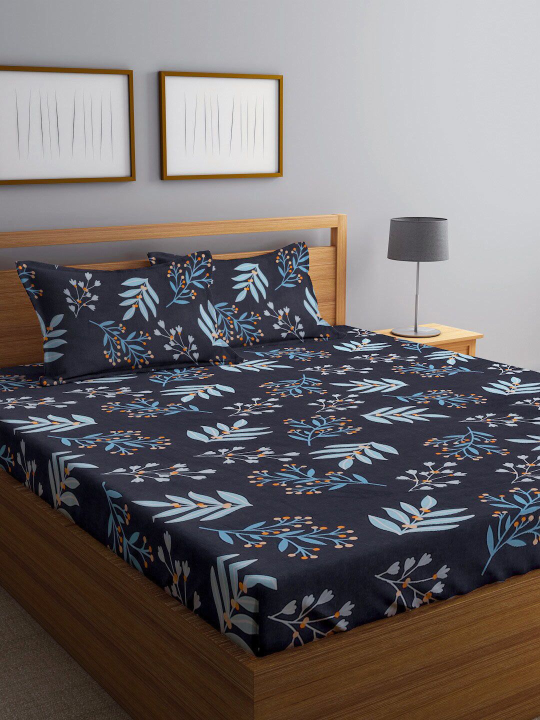 KLOTTHE Blue Floral Cotton 300 TC King Fine Bedsheet with 2 Pillow Covers-250 x 220 cm