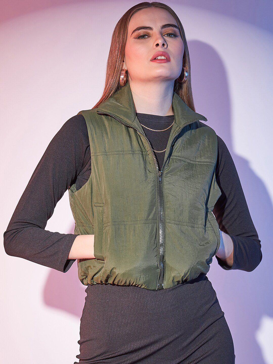 STREET 9 Olive Green Stand Collar Sleeveless Lightweight Crop Bomber Jacket