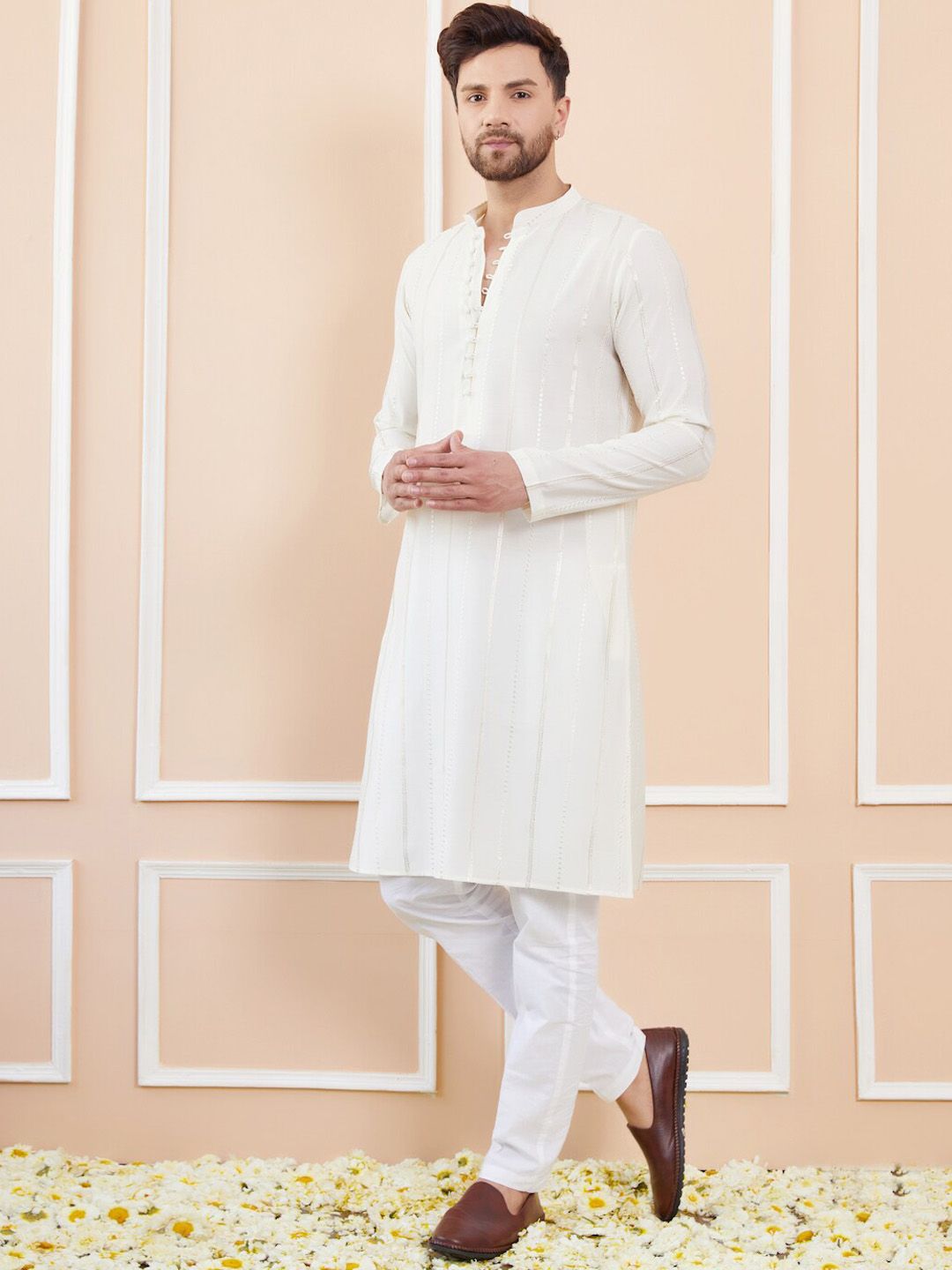 See Designs Mandarin Collar Long Sleeves Chanderi Silk Kurta