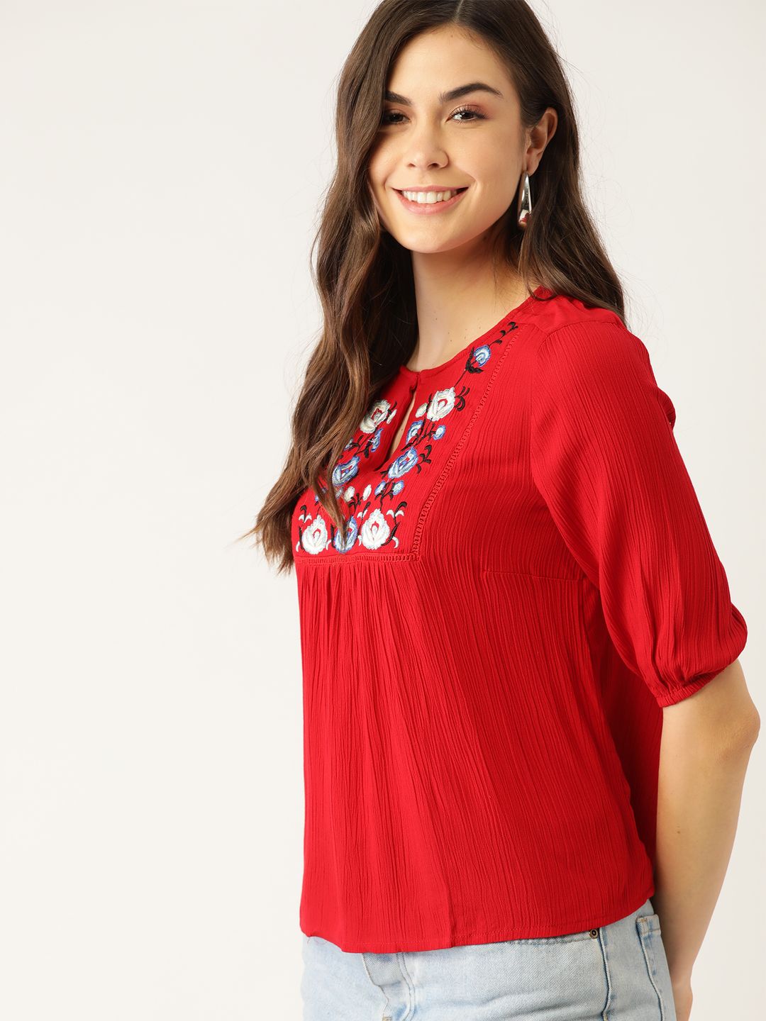 DressBerry Red & Blue Floral Embroidered Keyhole Neck Puff Sleeve Empire Top