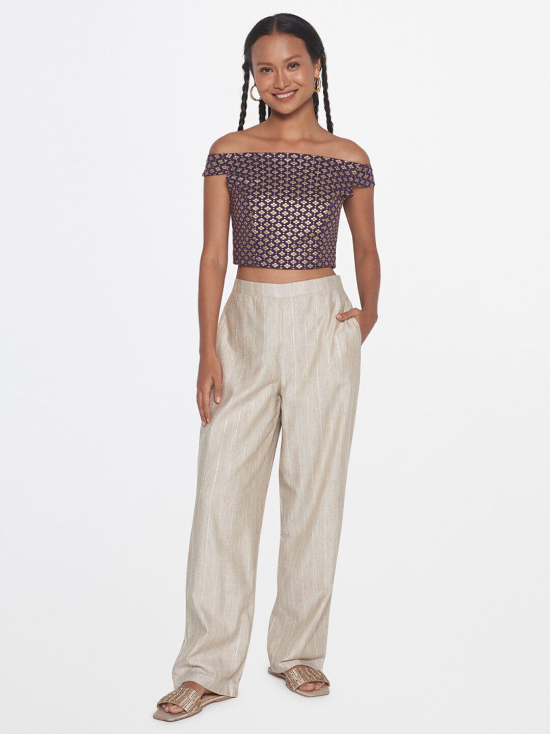 Global Desi Self Design Off-Shoulder Crop Top