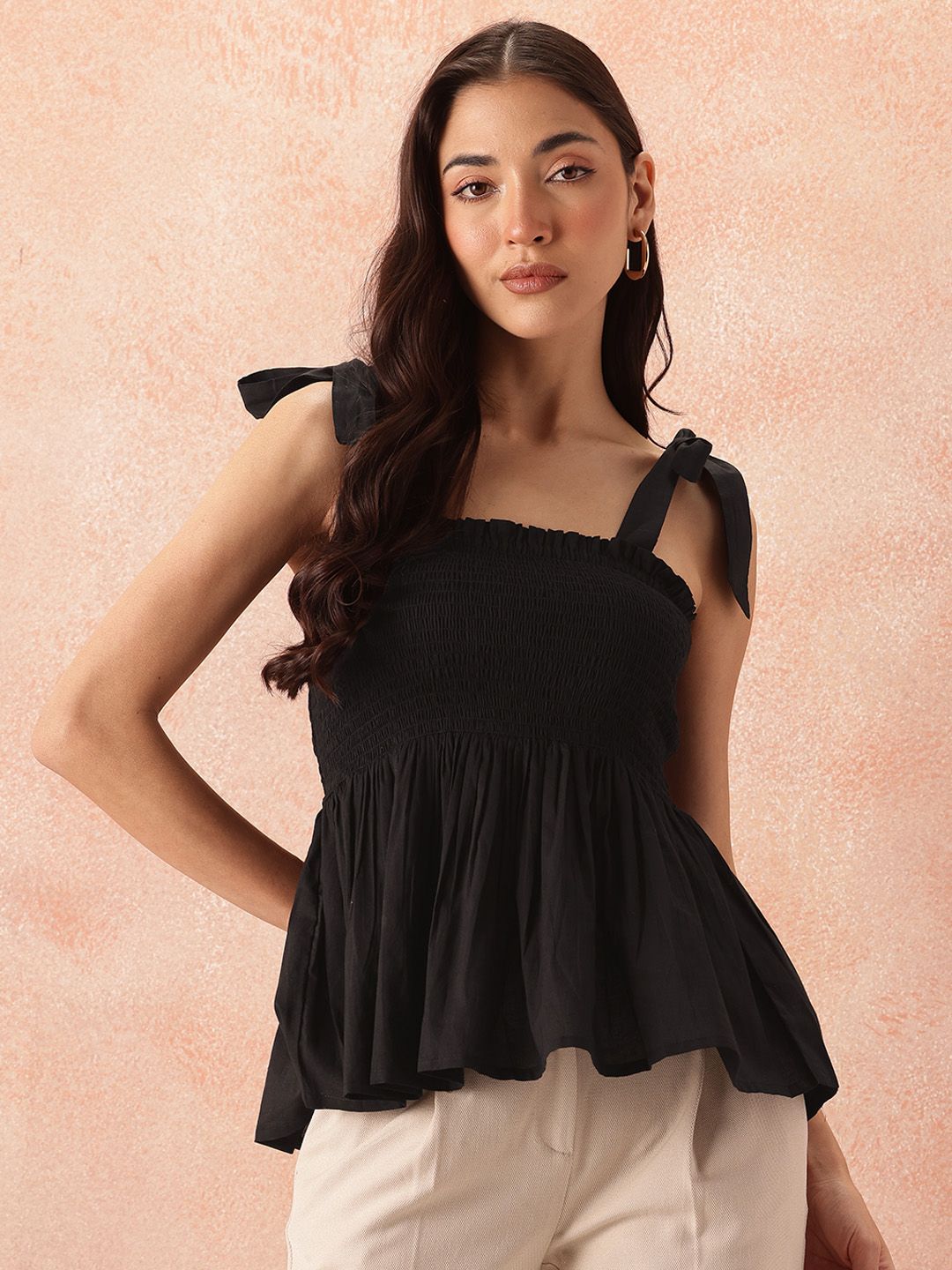 all about you Smocked Effect Tie-Up Detail Shoulder Straps Pure Cotton Peplum Top