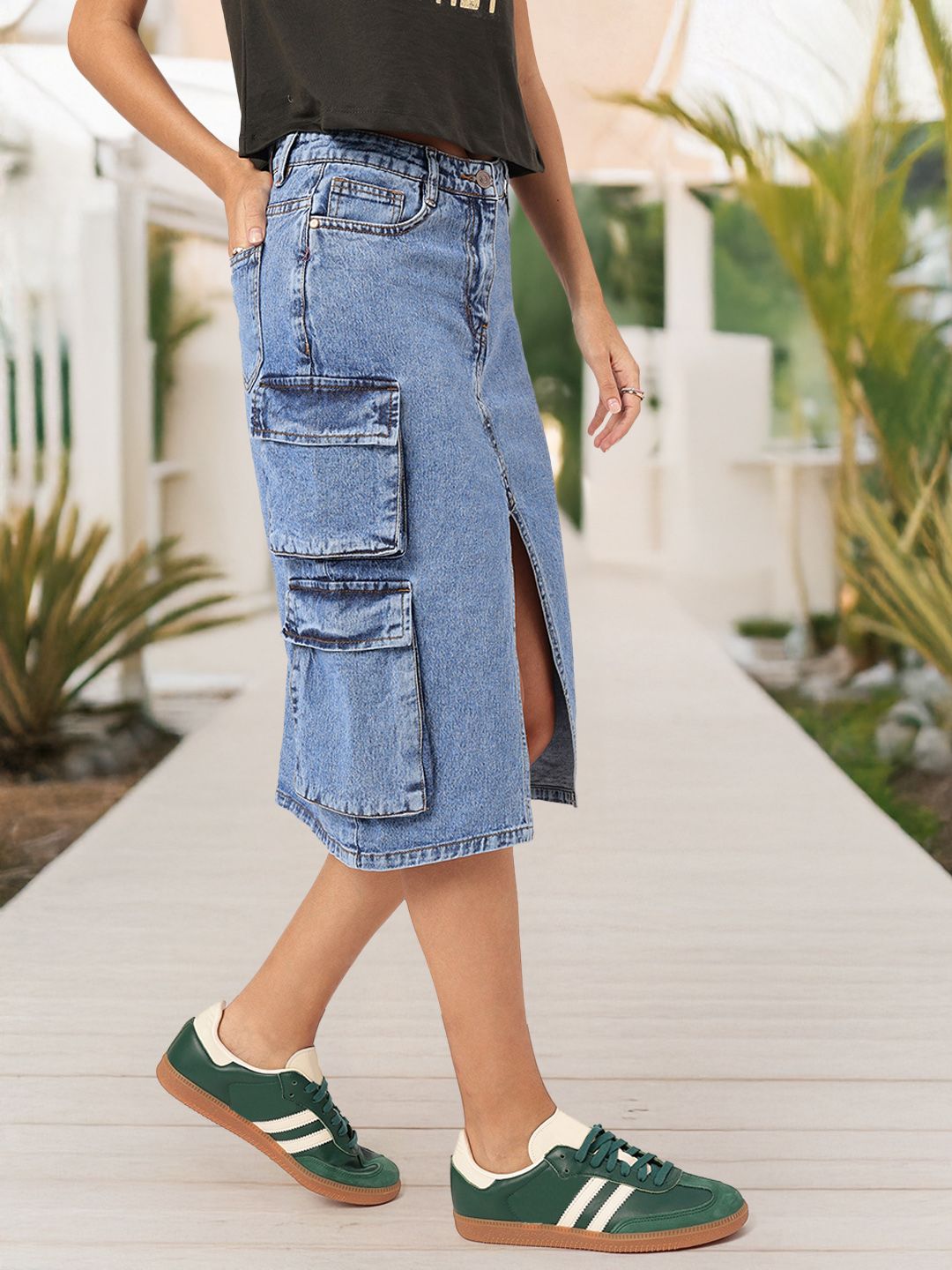 DressBerry Urban Edge Front Slit Cargo-Style Denim Midi Skirt