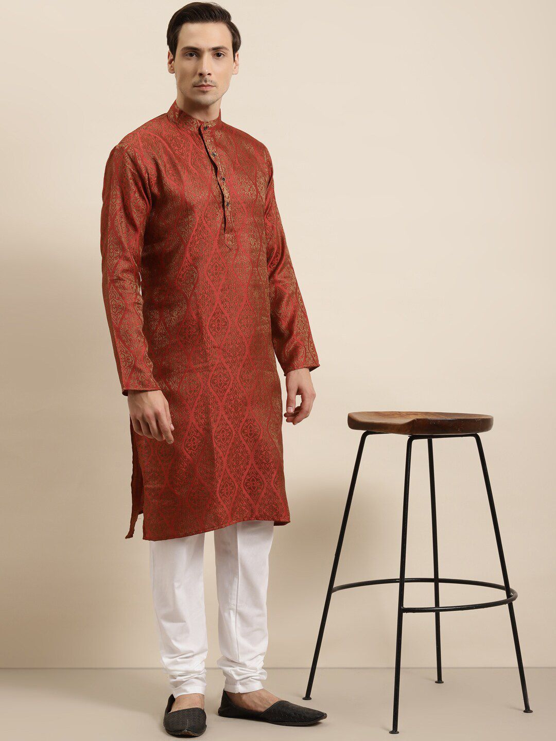 SOJANYA Ethnic Motifs Woven Design Mandarin Collar Regular Kurta With Churidar
