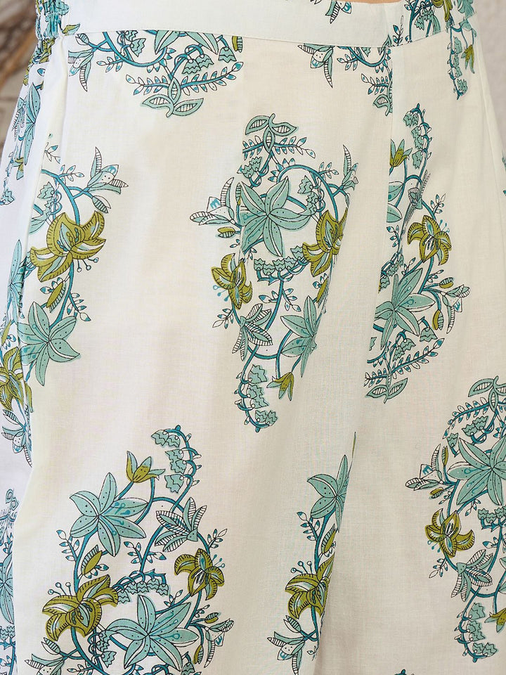 Indo Era Floral Printed V Neck A Line Pleated Pure Cotton Kurta With Trousers